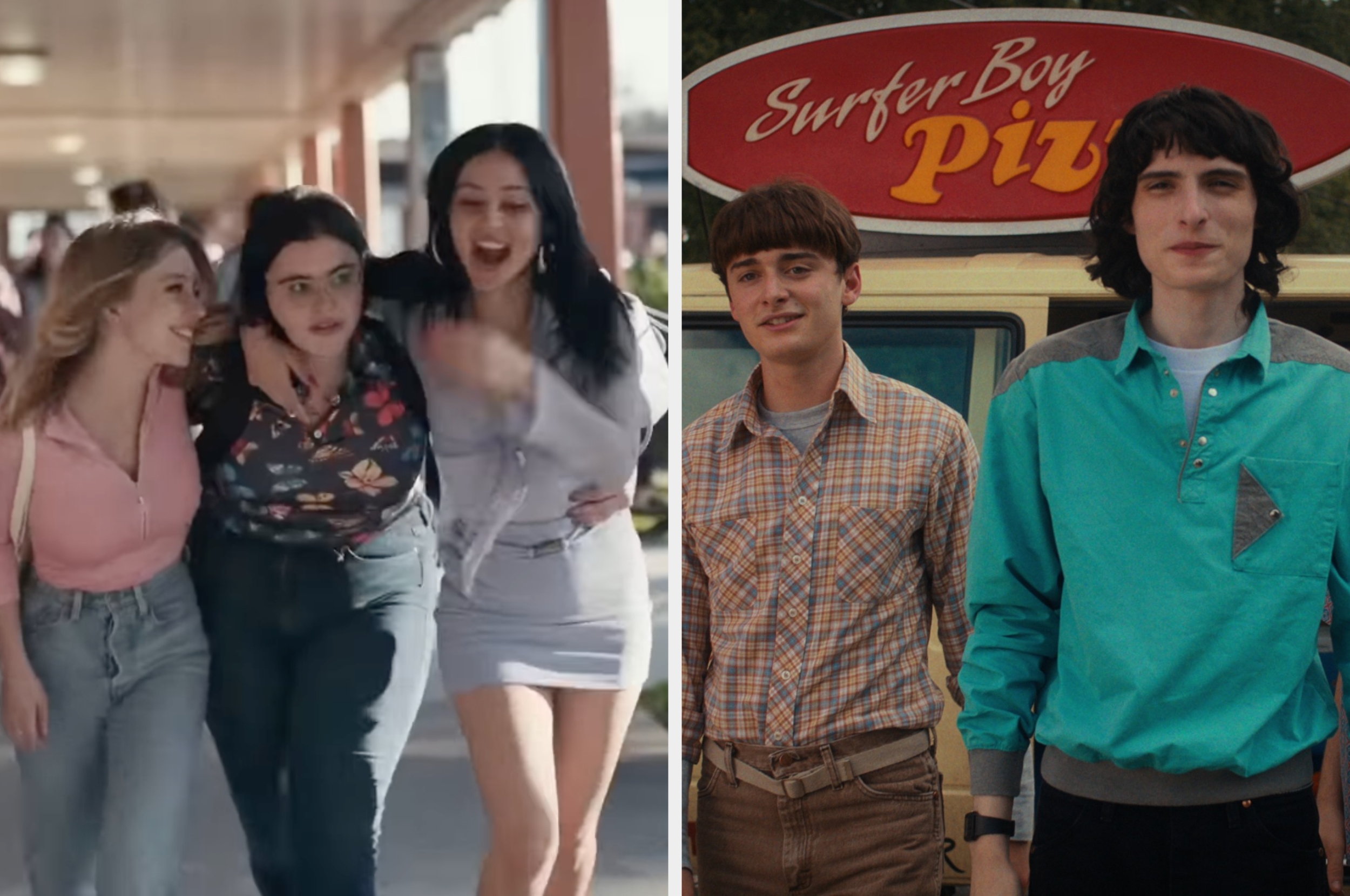 Two images: Left shows three friends joyfully walking. Right depicts two people standing in front of a "Surfer Boy Pizza" vehicle