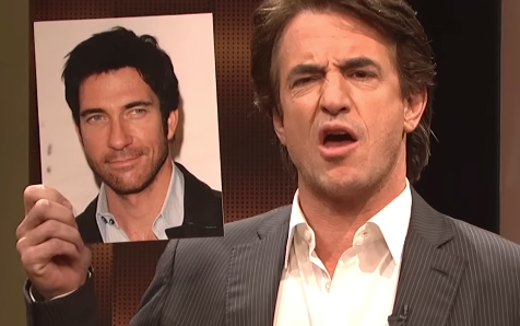 Person in a suit humorously holds a headshot of another individual while making a playful expression