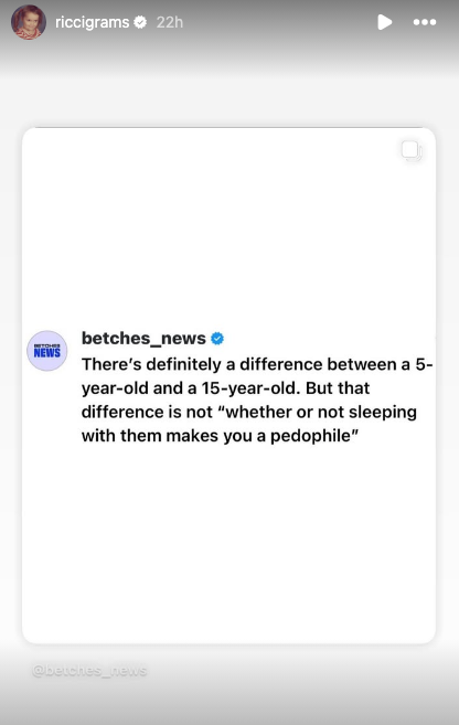 Image of an Instagram story featuring a post by @betches_news discussing distinctions between interaction with minors and pedophilia