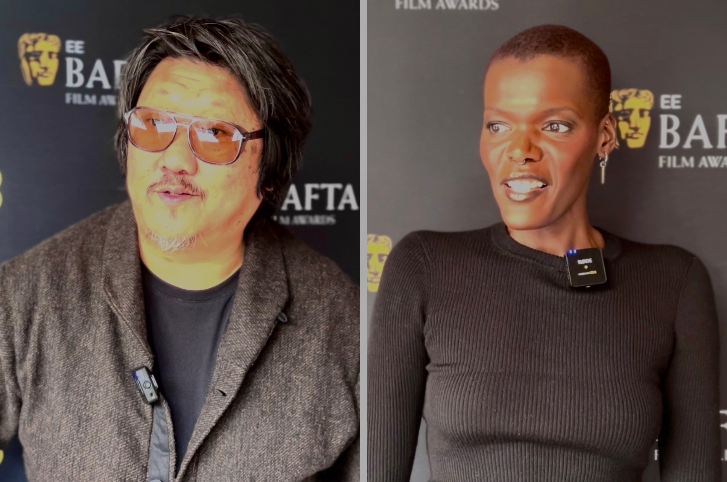 Two individuals at a BAFTA event; one in sunglasses and casual attire, the other in a black fitted dress, both with interview microphones