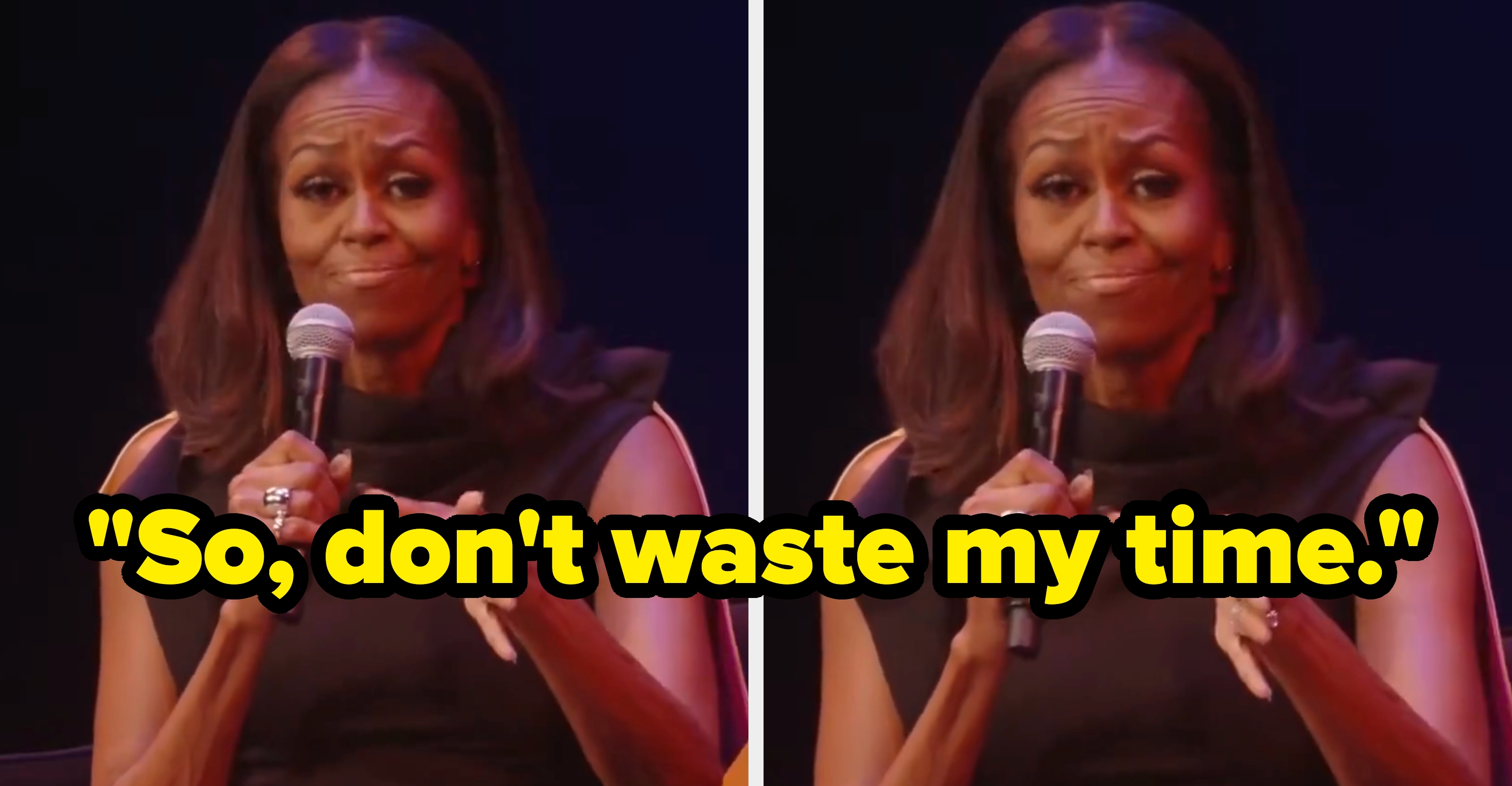 A idiosyncratic successful a sleeveless, high-neck outfit speaks connected signifier portion holding a microphone and gesturing with 1 hand