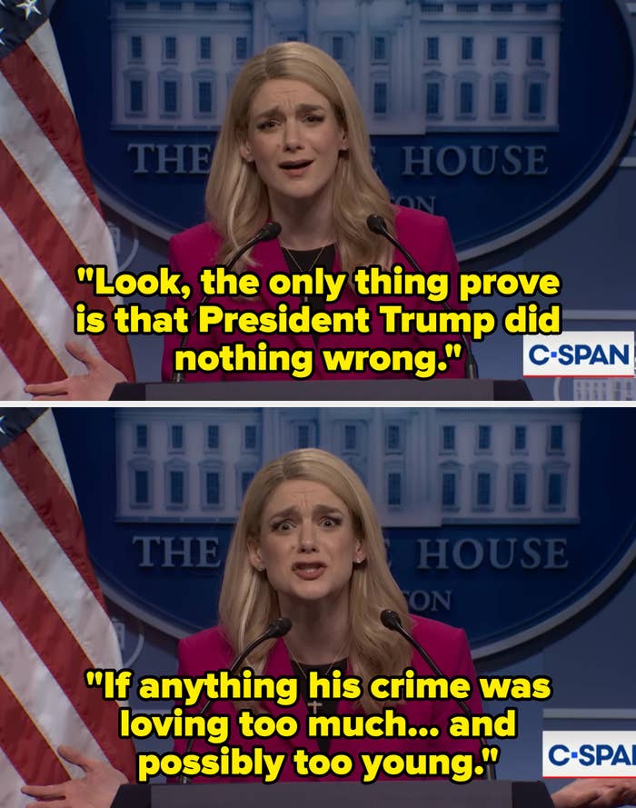 A idiosyncratic   astatine  a podium, wearing a transverse  necklace and a pinkish  blazer, gestures emotionally portion    speaking successful  beforehand   of a backdrop resembling the White House