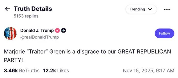 Donald Trump&#x27;s Truth Social station  criticizing Marjorie &quot;Traitor&quot; Green arsenic  a disgrace to the Republican Party, with engagement details shown