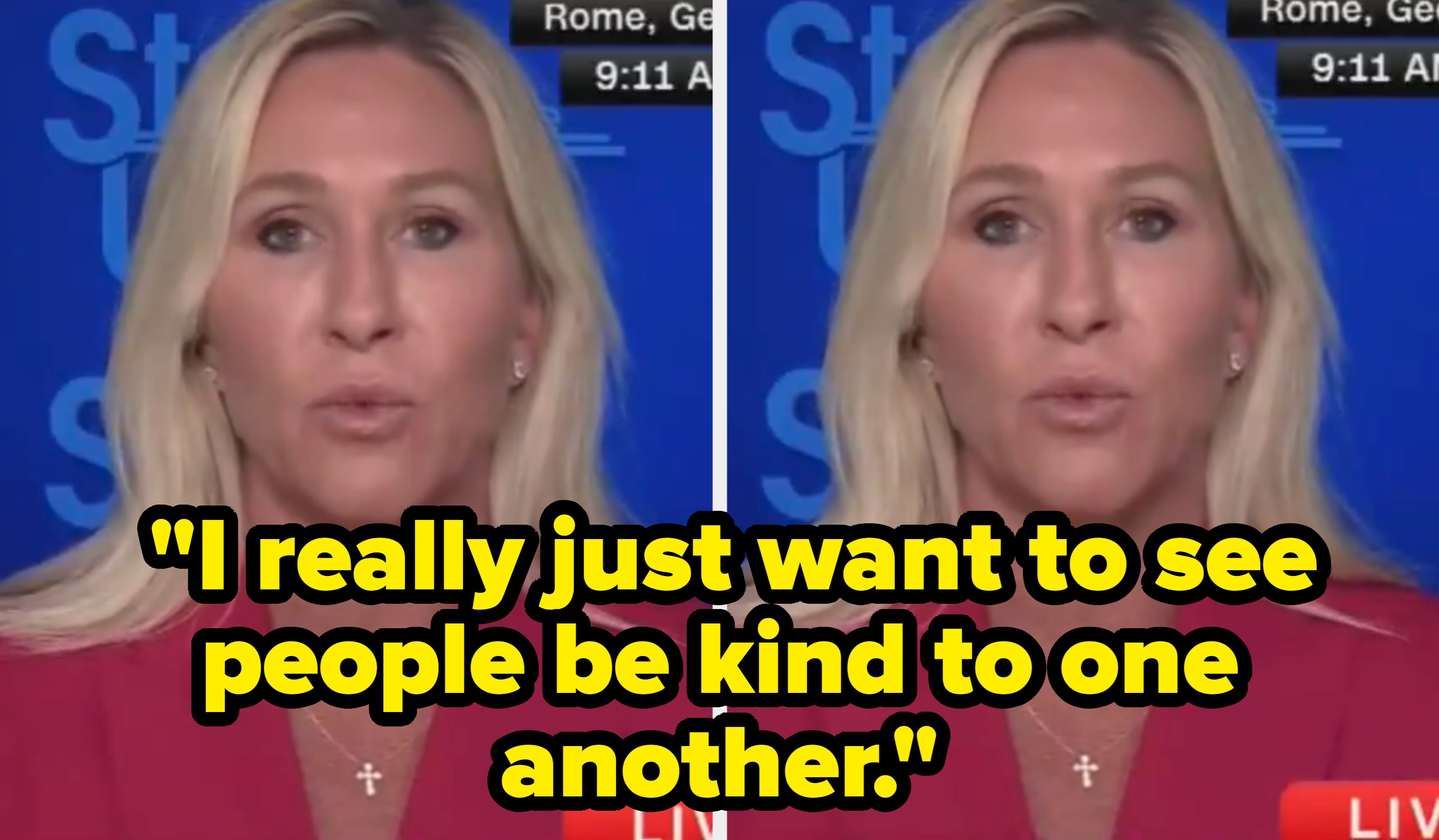 Person with agelong blonde hairsbreadth successful a reddish outfit, speaking to a camera with a bluish inheritance displaying clip and location