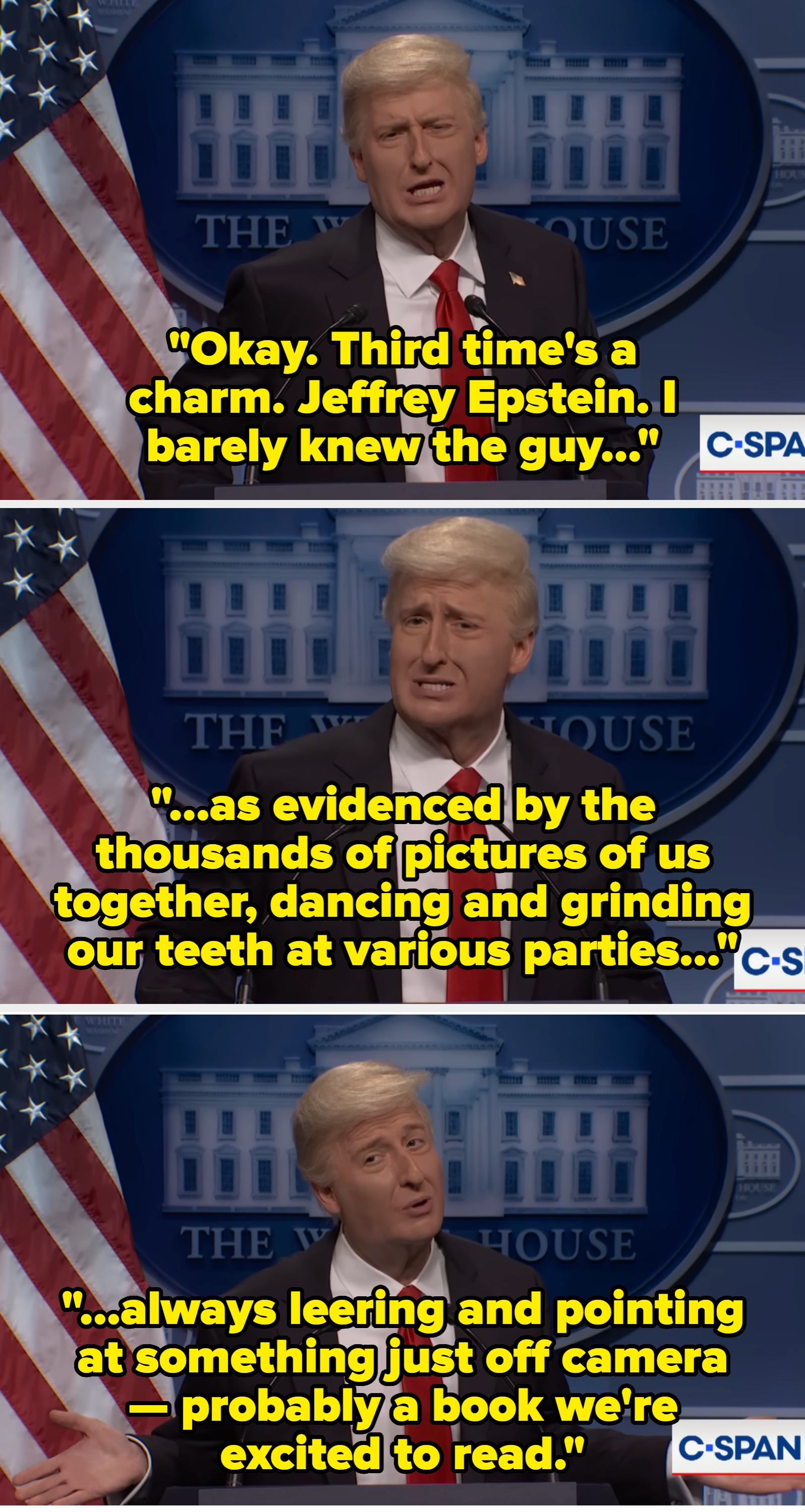 Person successful  a suit   with a reddish  necktie  speaking astatine  a podium with a White House backdrop and American flag, a C-SPAN logo is visible