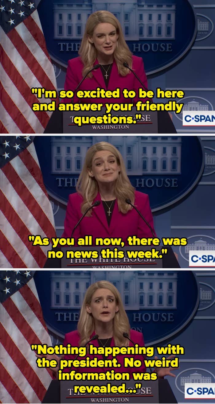 Person astatine  a podium with a White House backdrop, wearing a agleam  blazer and necklace, speaks during a property   event. C-SPAN logo visible