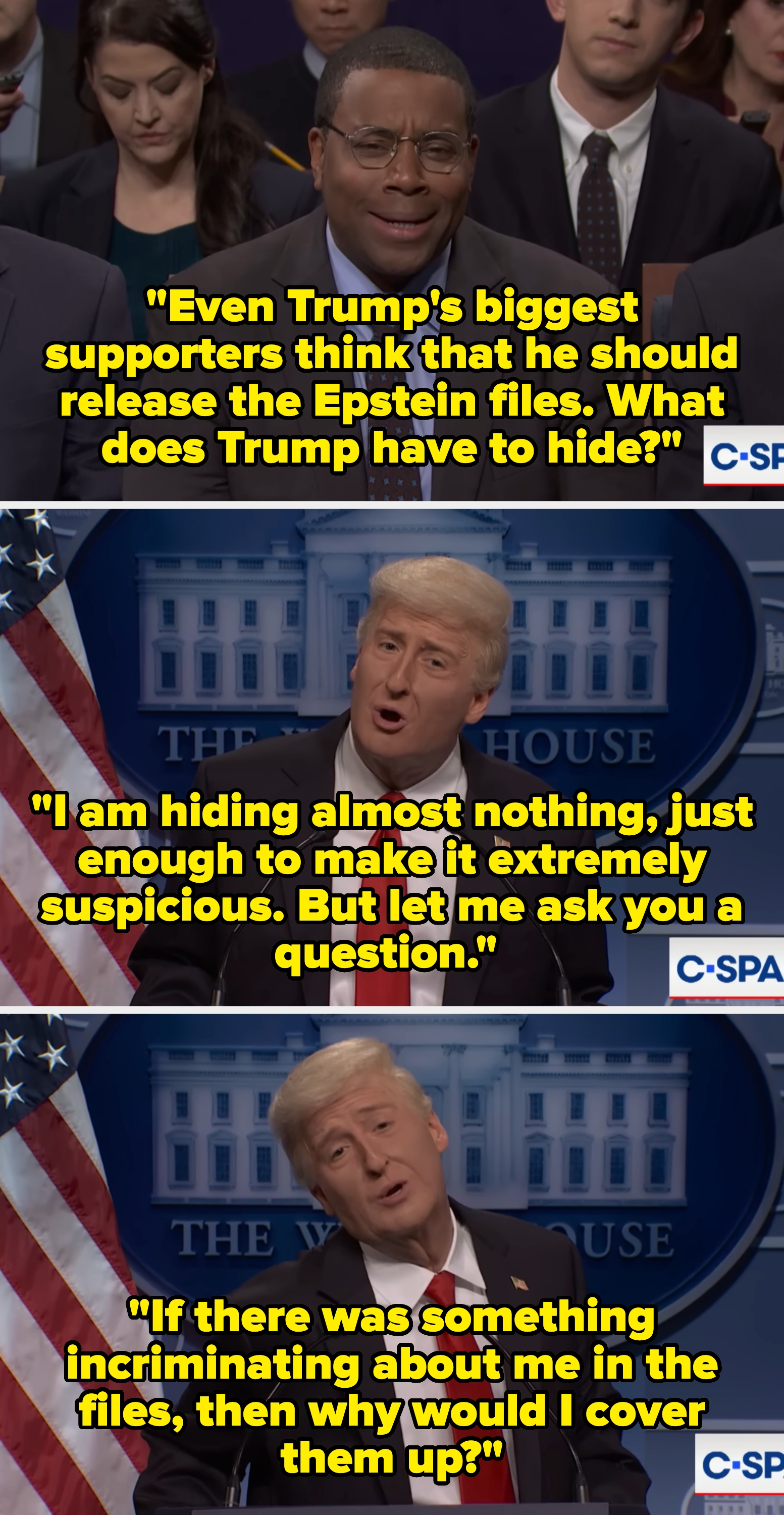 Three-panel parody with actors arsenic  politicians discussing transparency and hiding information, utilizing humorous dialog  to question   motives