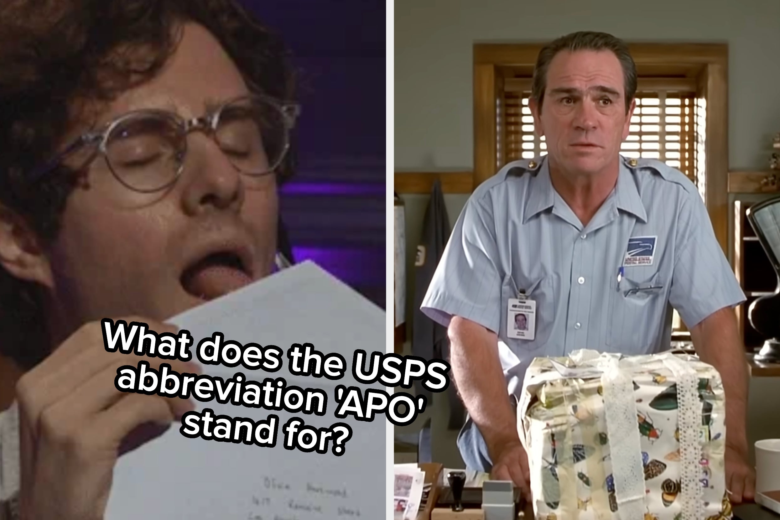 Split image: Left side shows a person about to lick an envelope. Right side shows a postal worker with a package. Text: "What does the USPS abbreviation 'APO' stand for?"