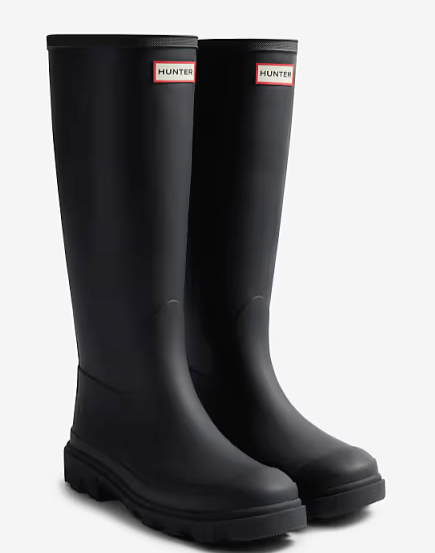 Pair of tall, achromatic rainfall boots with logo labels astatine the top