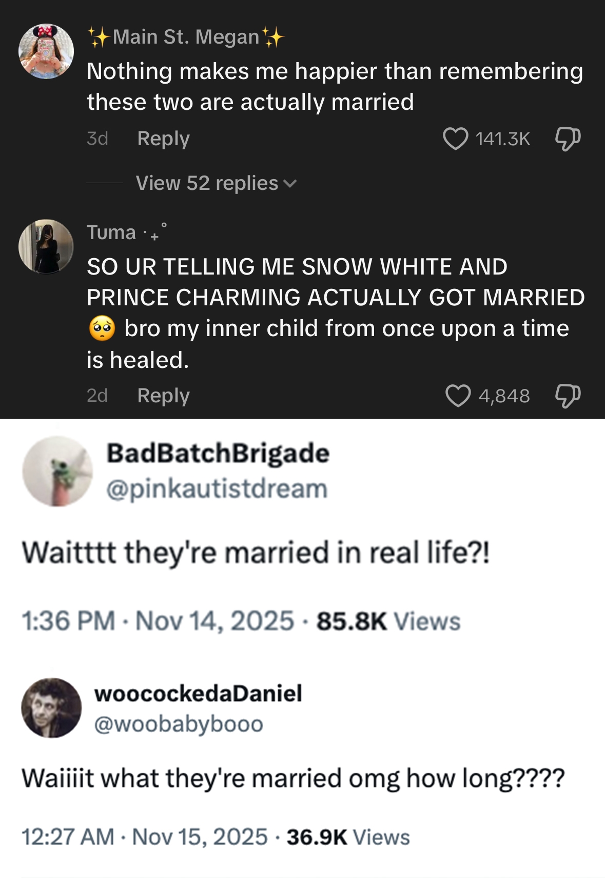Screenshot of societal media posts reacting with astonishment and disbelief to quality of Snow White and Prince Charming actors marrying successful existent life