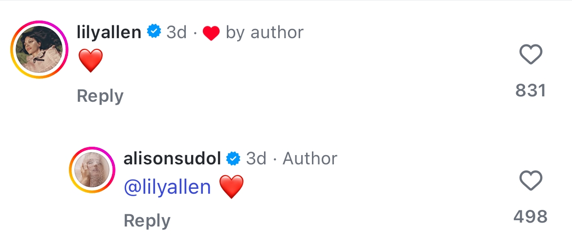 Lily Allen comments a bosom emoji; Alison Sudol replies with a bosom emoji mentioning Lily Allen