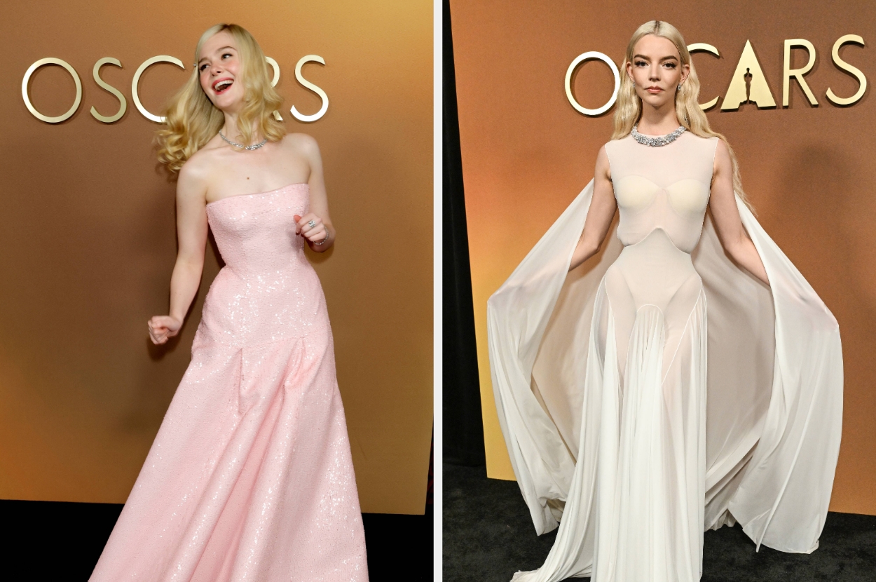 Two individuals on the Oscars red carpet: left, wearing a strapless, sparkling gown; right, in a flowing, sheer gown with dramatic cape sleeves