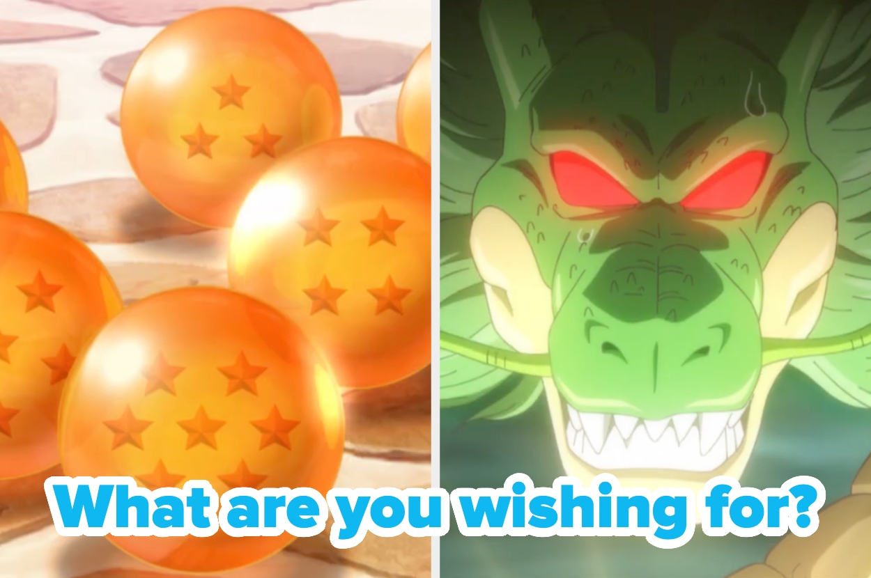 Dragon Balls on the left, dragon character on the right. Text: "What are you wishing for?"