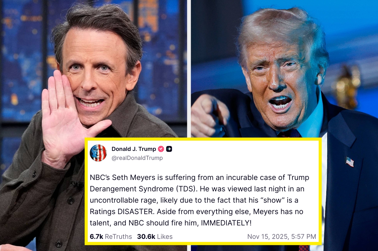 Split image of two public figures. Left: Person in blazer gesturing with hand. Right: Person with an expressive face speaking. Tweet overlayed in middle