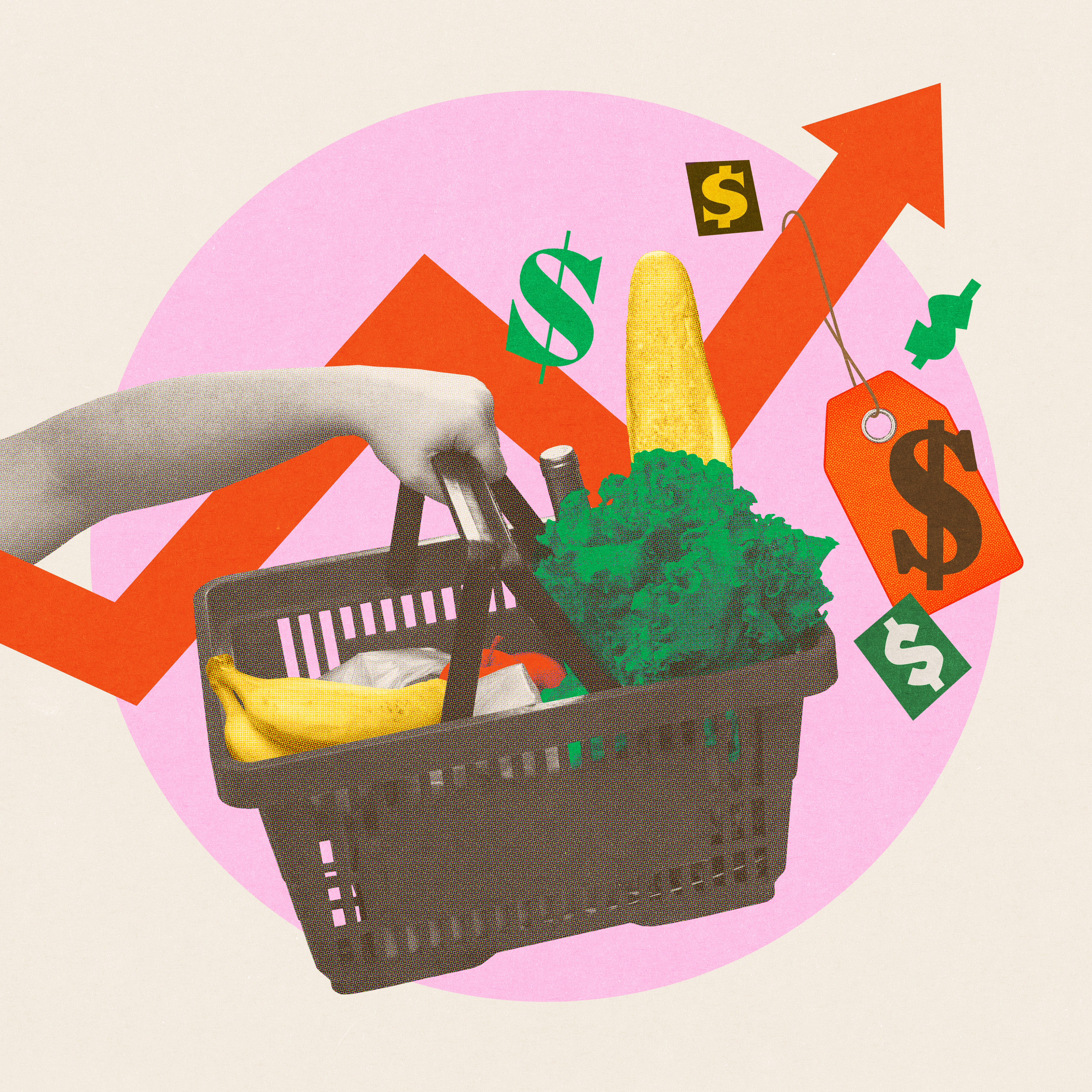 A manus  holds a market  handbasket  filled with produce; a rising reddish  arrow and dollar signs symbolize expanding  market  prices