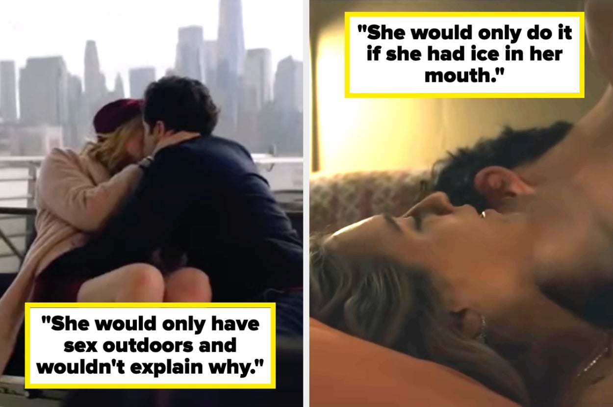 Couple kissing outdoors; quote: "She would only have sex outdoors and wouldn't explain why." Couple in bed; quote: "She would only do it if she had ice in her mouth."