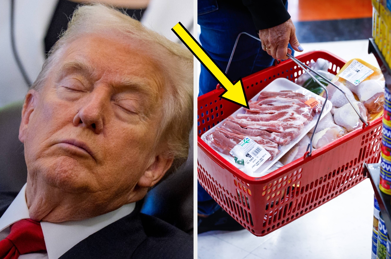 Person asleep next to a basket with bacon and groceries at a store, highlighted by an arrow
