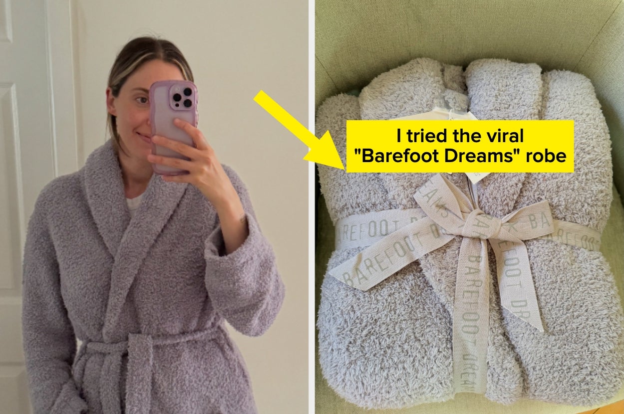 Person in a cozy robe takes a mirror selfie; inset shows the same robe with a bow, labeled "I tried the viral 'Barefoot Dreams' robe."