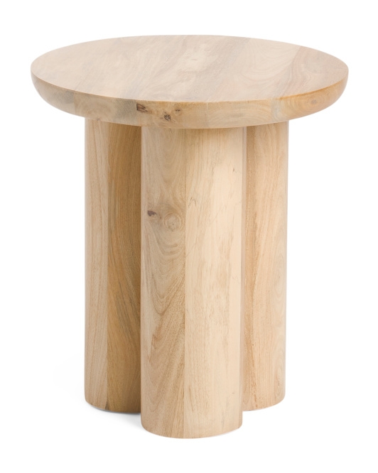 Wooden side table with a round top and three cylindrical legs, suitable for modern home decor