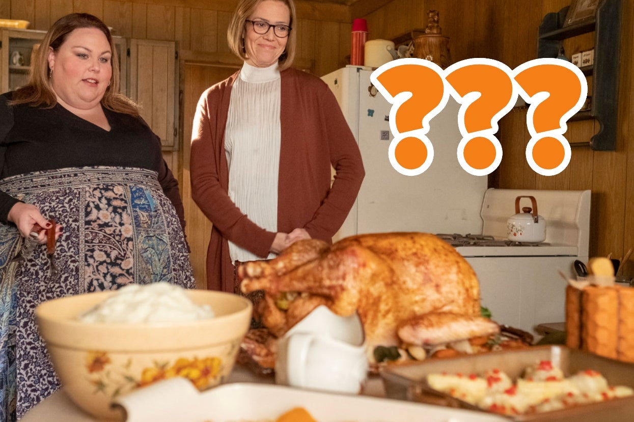 Two women in a kitchen stand looking at a cooked turkey on the table, with mashed potatoes and dessert visible nearby. Question marks hover above