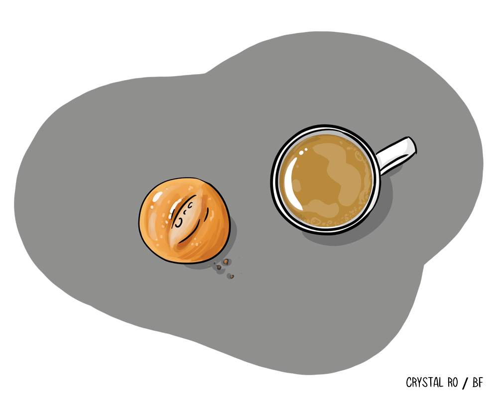 Bagel with a face expressing sadness sits next to a cup of coffee on a gray surface