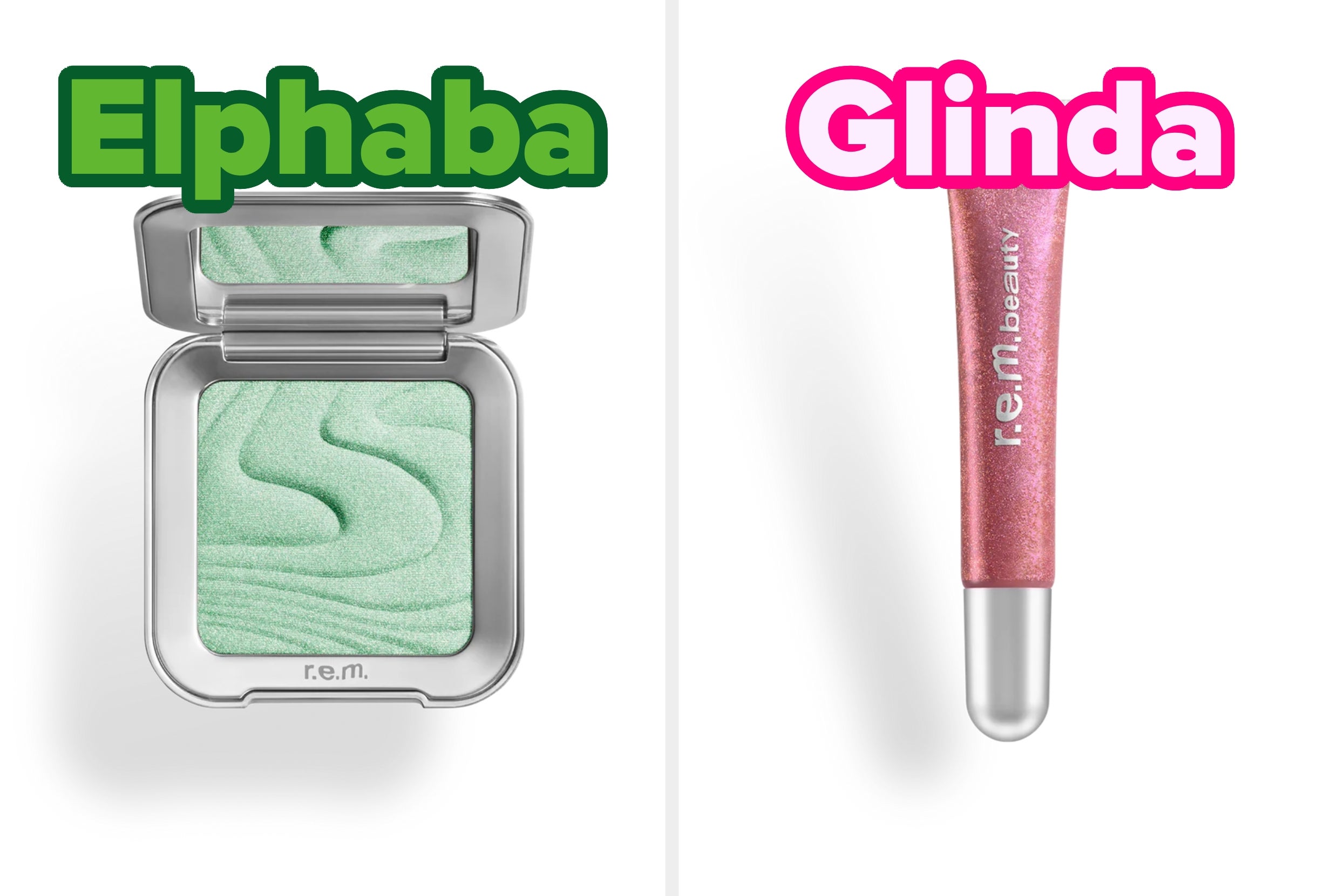 On the left, a pressed highlighter labeled Elphaba, and on the right, a tube of lip gloss labeled Glinda