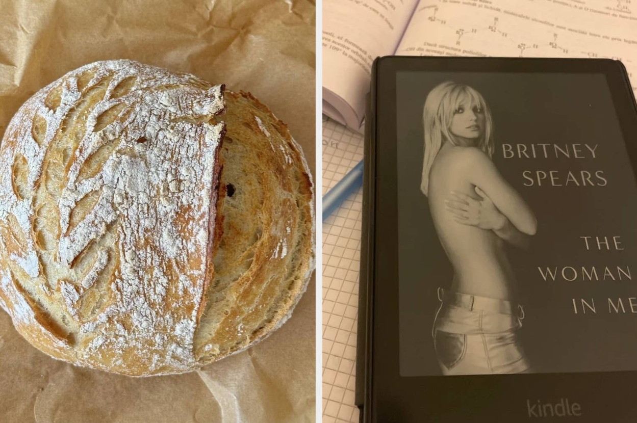 A round loaf of bread beside an e-reader displaying the book cover for "The Woman in Me" with an image of a woman in jeans