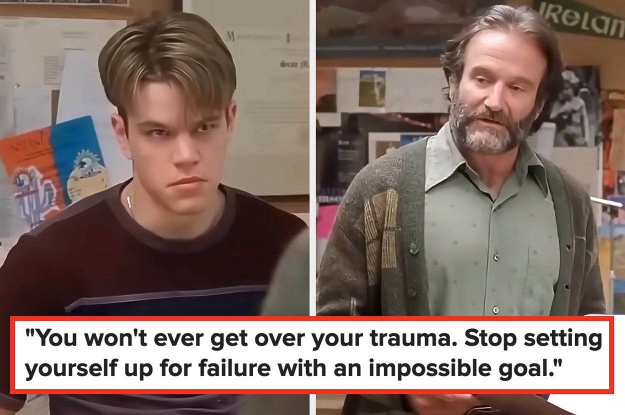 Two-film characters speaking. Left, young character looks upset. Right, older character offers advice about dealing with trauma and realistic goals