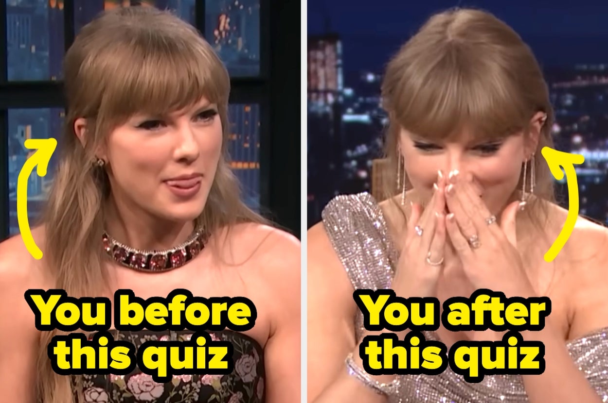 Two side-by-side images of a woman at a talk show. Left: Smiling with tongue out. Right: Laughing with hands over face. Captions imply quiz reactions