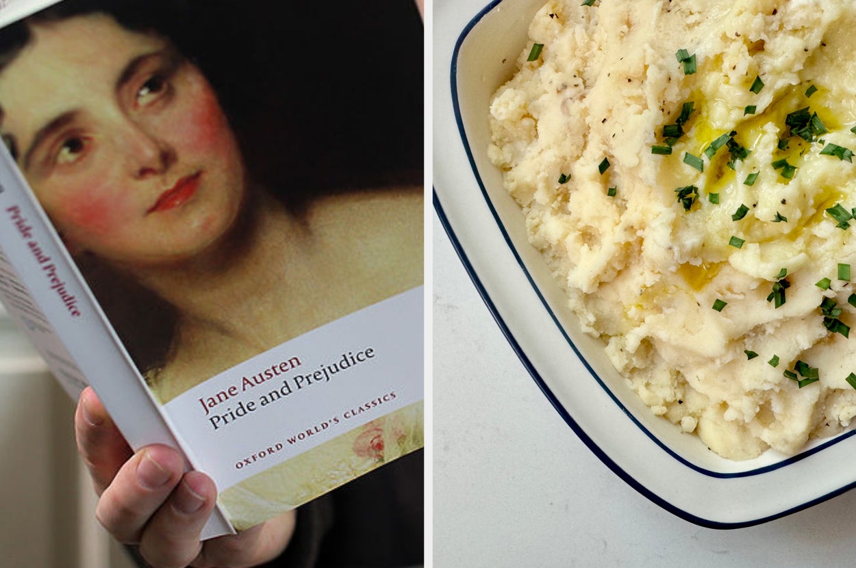Person holding "Pride and Prejudice" book next to a plate of mashed potatoes with chives