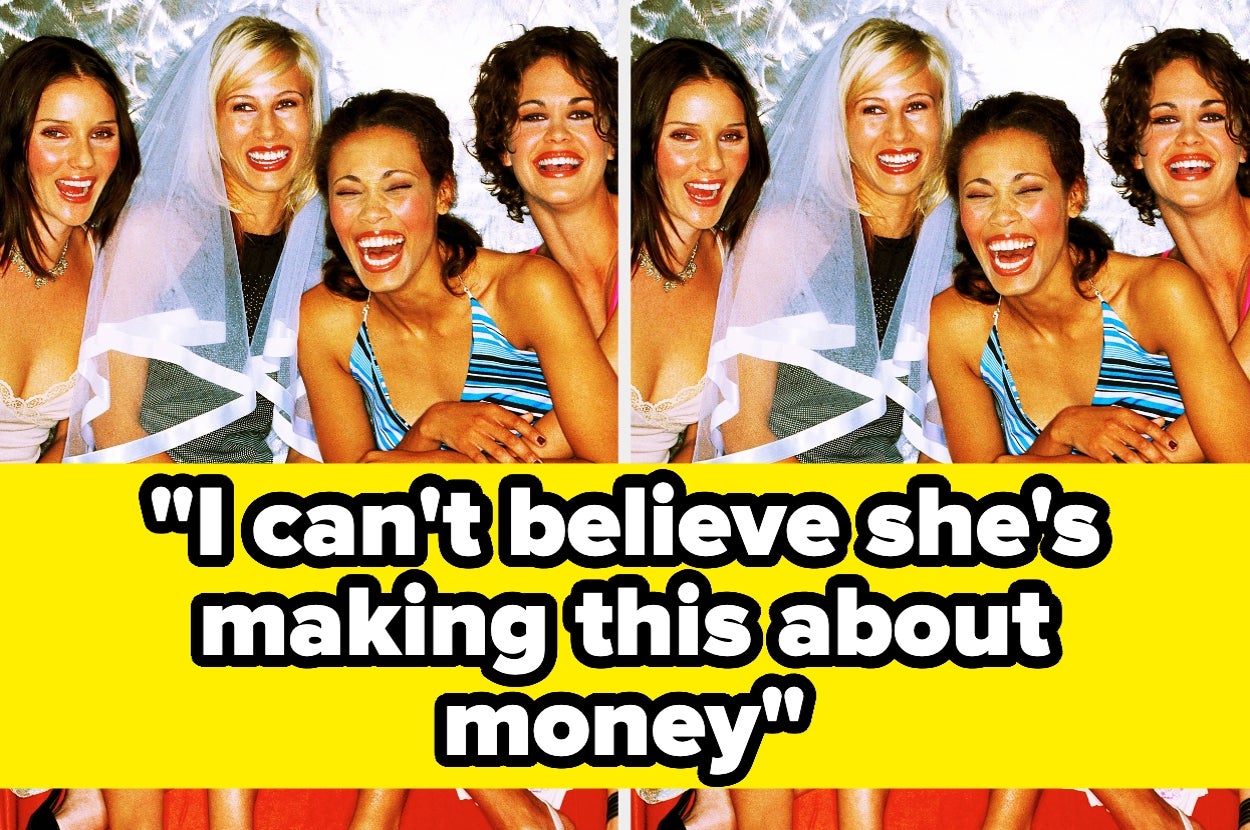 Four women in vibrant, early-2000s outfits and veils laugh together. Text overlay: "I can't believe she's making this about money."
