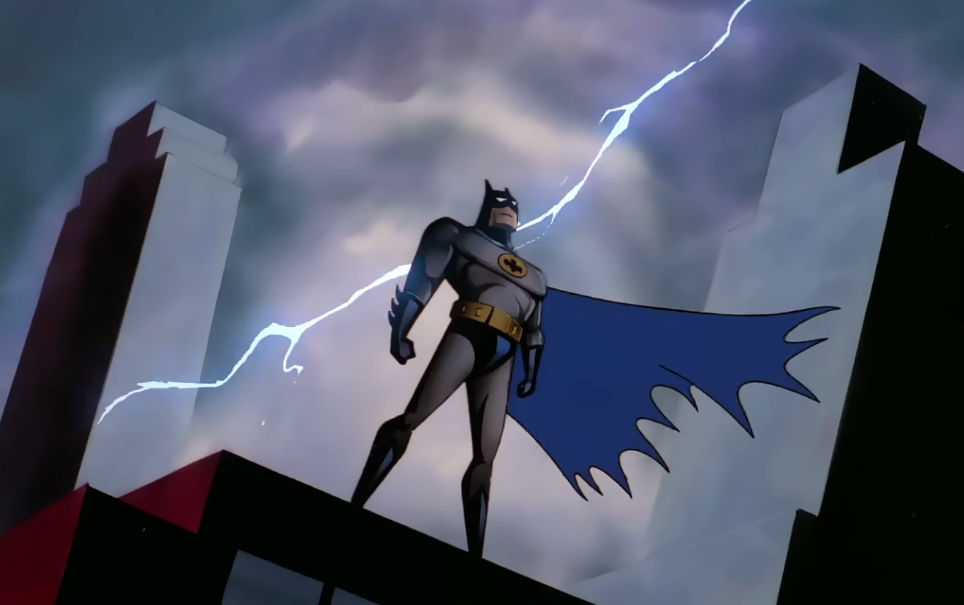Animated Batman stands connected  a rooftop with a lightning bolt successful  the background, striking a heroic airs  successful  Gotham City