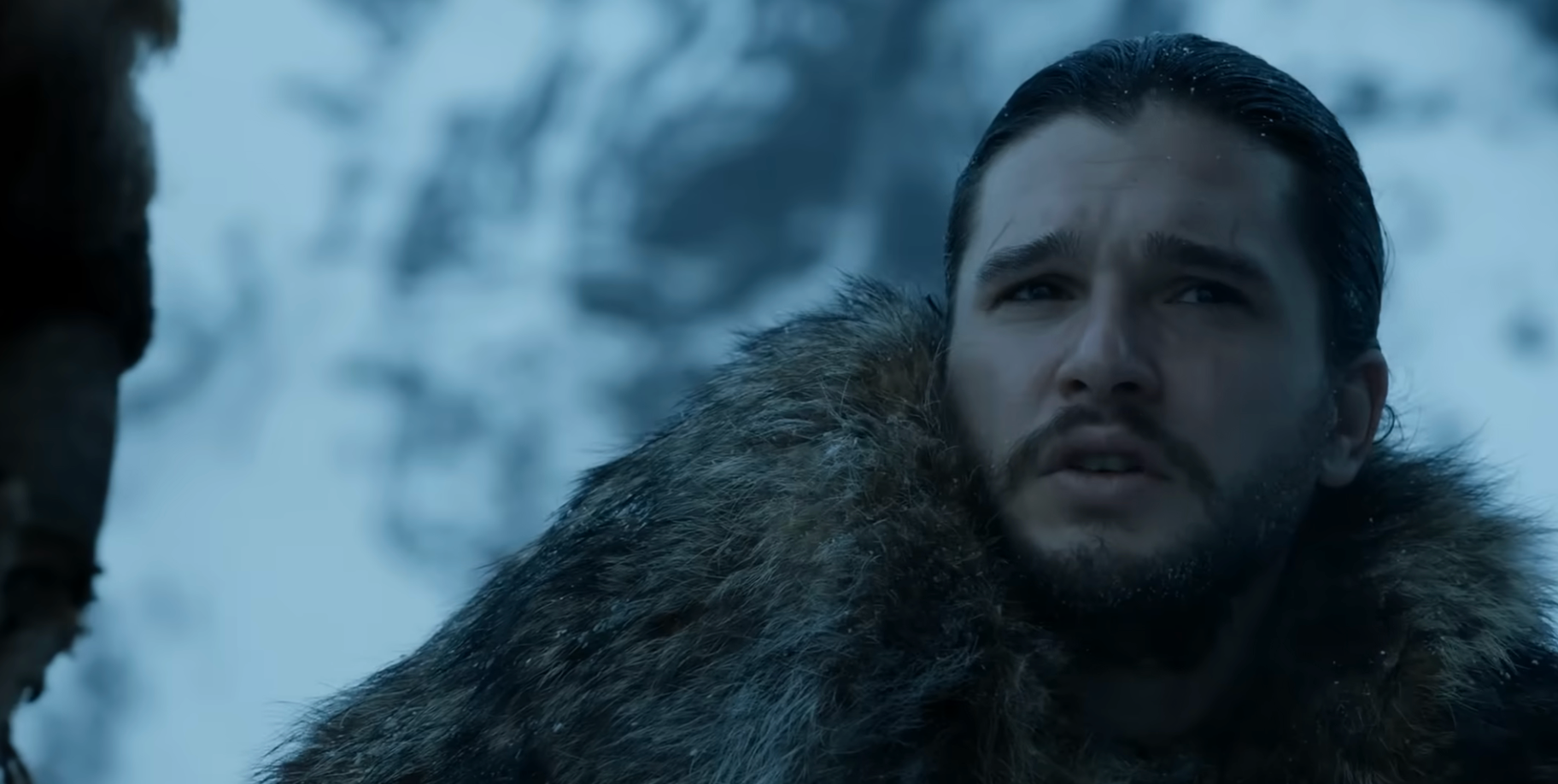 A antheral   with agelong  hairsbreadth  and a beard wears a fur cloak, appearing concerned, against a snowy backdrop, reminiscent of a medieval phantasy  setting