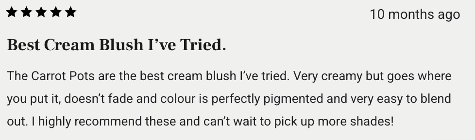Review praising Carrot Pots pick  blush for its pigmentation and blendability, stating it&#x27;s the champion  tried and recommending purchasing much  shades