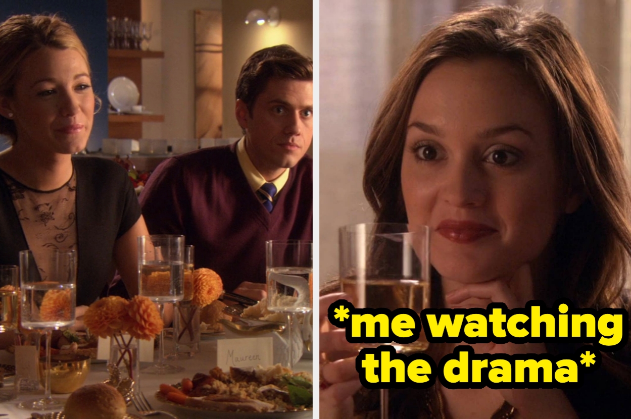 Left: Serena and Tripp sitting next to each other, Right: Blair holding a drink, with text: "me watching the drama"