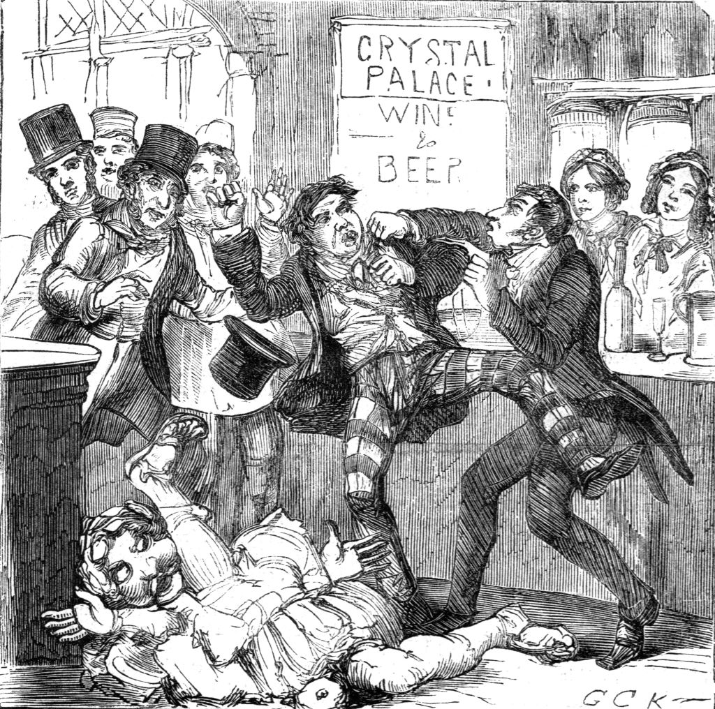 Cartoon sketch of men successful  Victorian attire brawling successful  a bar, with 1  antheral   connected  the level  and shocked onlookers successful  the background