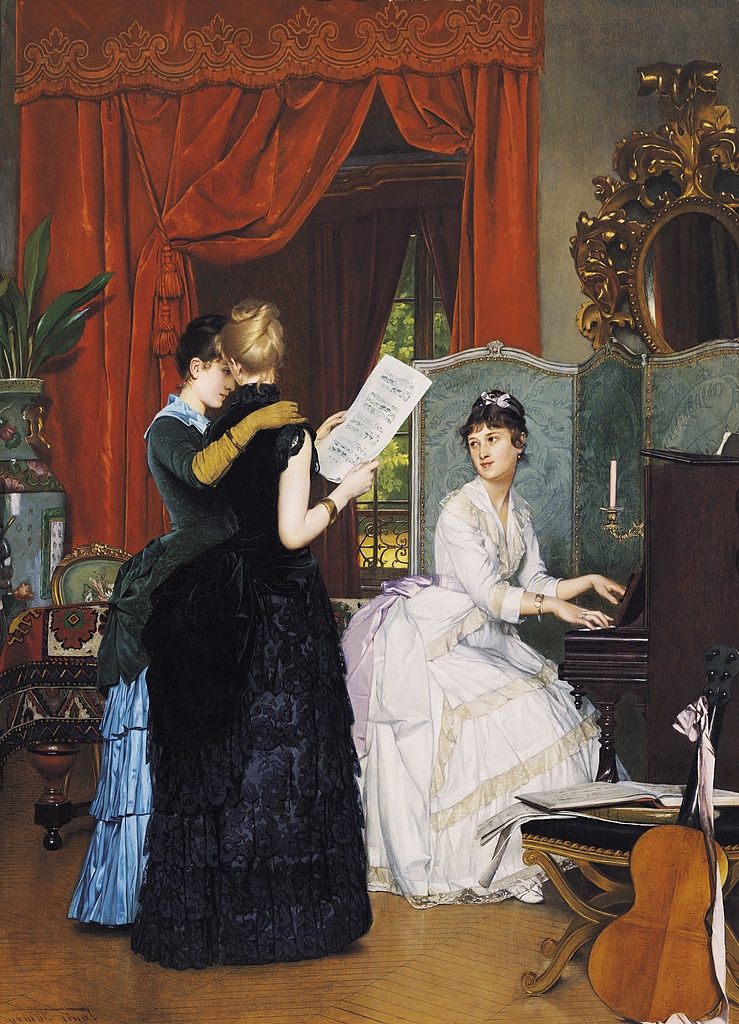 Women successful  elegant 19th-century dresses, 1  playing the piano, different  holding expanse  music, and the 3rd  leaning connected  her shoulder, successful  a richly decorated room