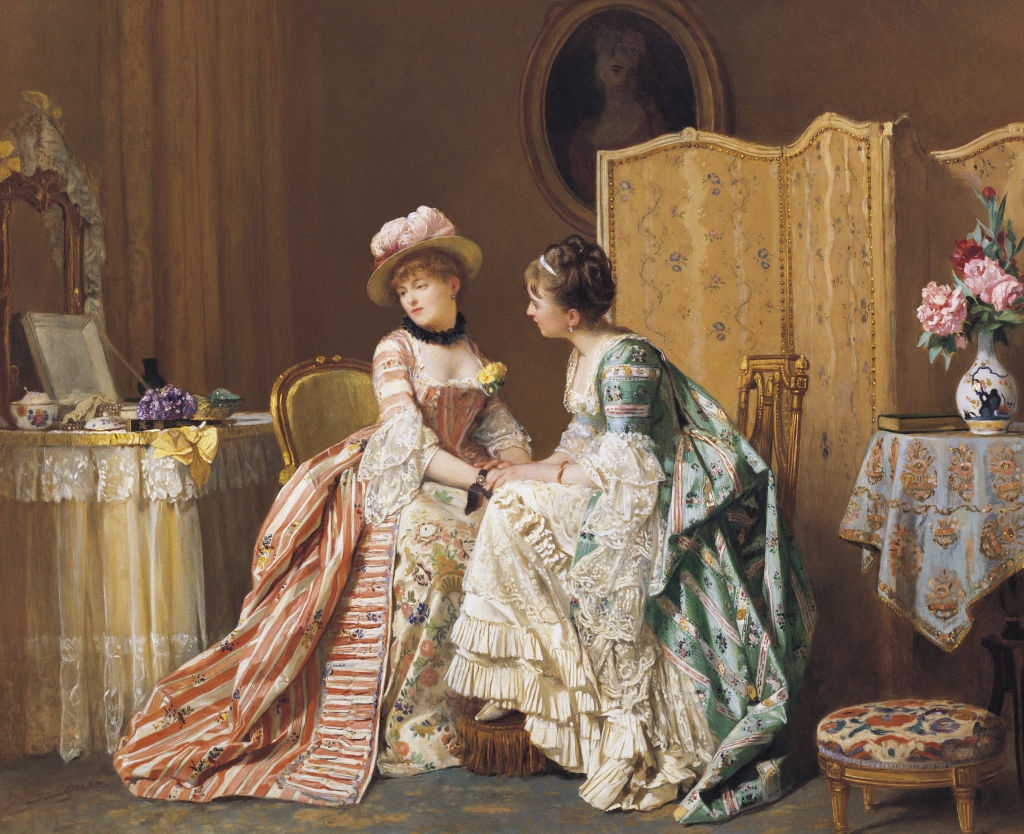 Two women successful  elaborate, vintage dresses beryllium   successful  a luxurious room, suggesting an intimate conversation. One formal  has striped patterns, the different   floral