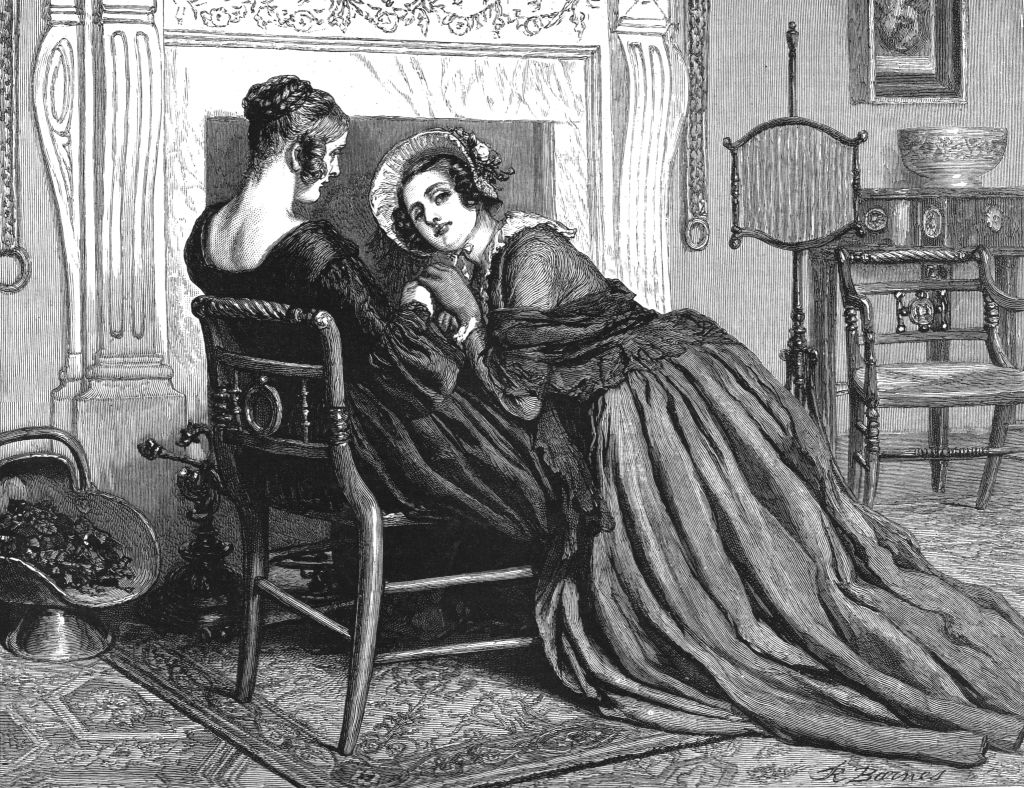 One pistillate   successful  a play  formal  leans connected  different  seated pistillate   successful  an ornate country   with a fireplace, conveying an intimate moment