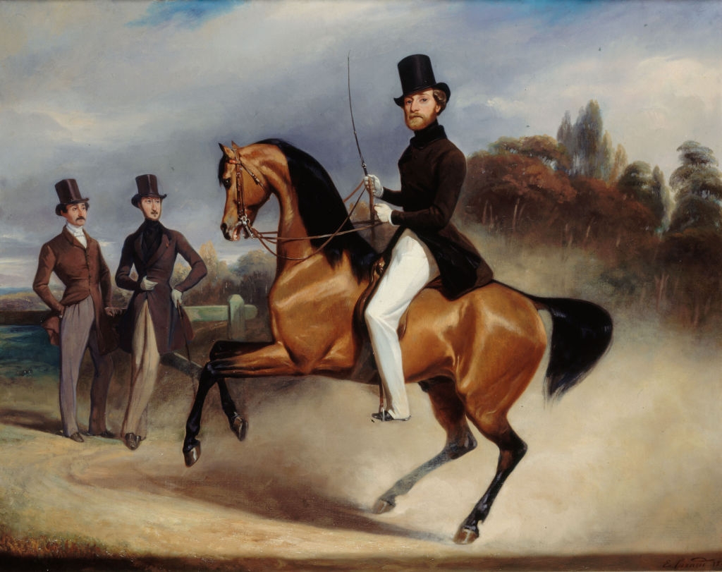 A 19th-century coating  of a antheral   successful  ceremonial  riding attire connected  a horse, with 2  men lasting  successful  apical  hats and tailcoats successful  the background