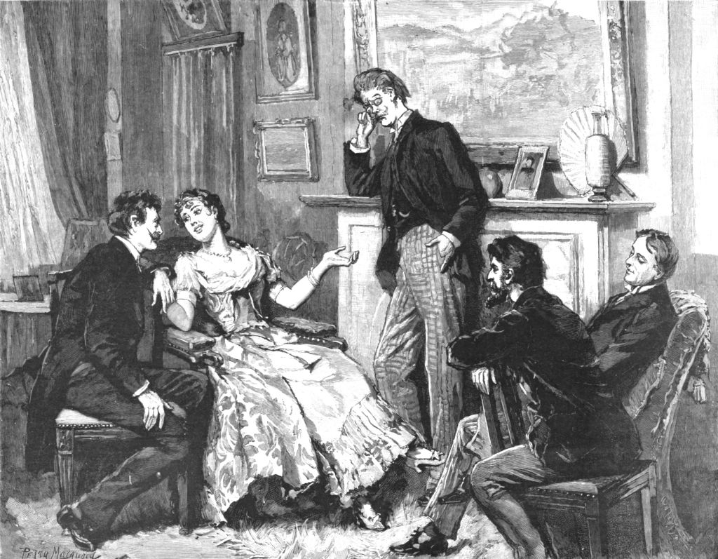 Victorian-era country   with elegantly dressed individuals engaged successful  lively speech  successful  a richly furnished room