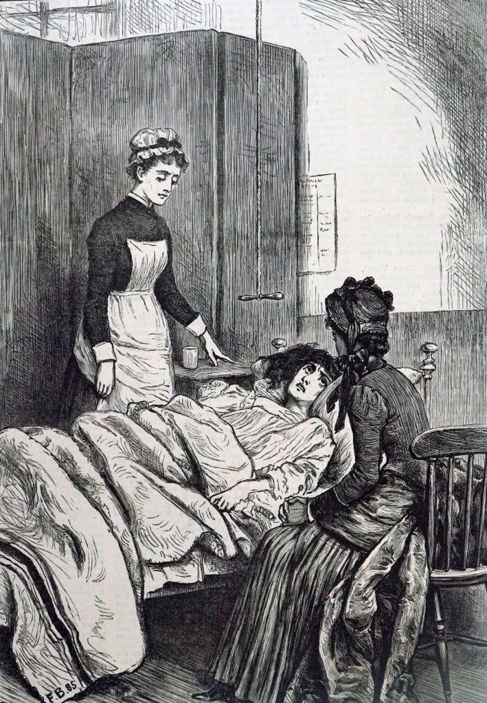 A pistillate   lies successful  furniture  attended by a caregiver  and different  woman, suggesting a Victorian-era infirmary  scene