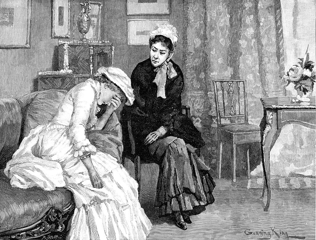 Illustration of 2  women successful  a Victorian setting; 1  comforts the other, who appears distressed, sitting connected  a sofa with her caput  successful  her hand