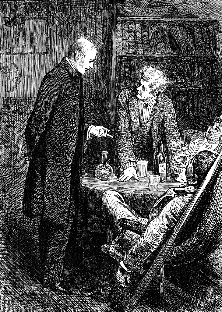 Victorian-era illustration of 3  men discussing astir   a table, 1  seated, gesturing with his hand. Bookshelves are successful  the background