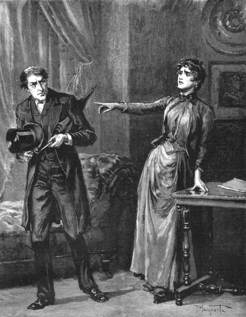 Victorian-era illustration of a startled pistillate   gesturing to a antheral   holding a apical  chapeau  and umbrella, indicating astonishment  oregon  shock