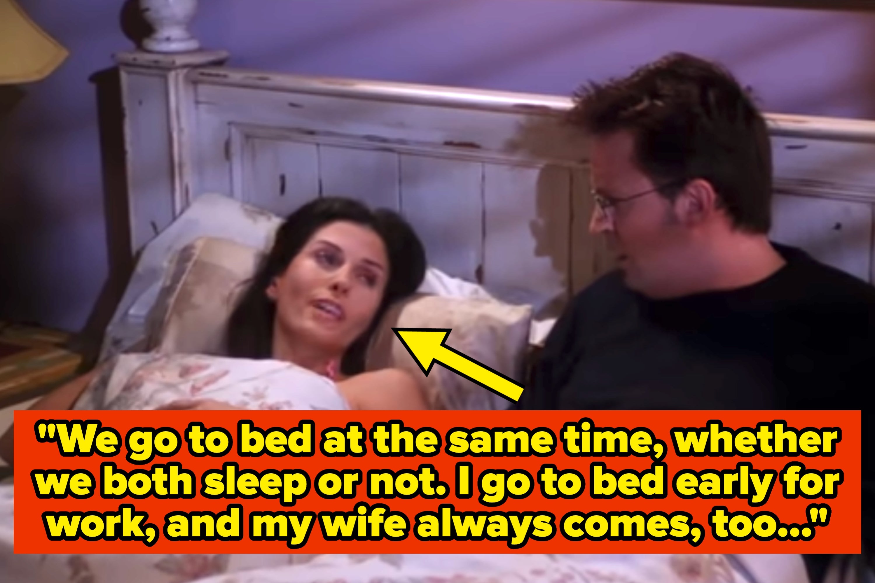 A couple is in bed, with the woman speaking to the man. Text reads: "We go to bed at the same time, whether we both sleep or not..."