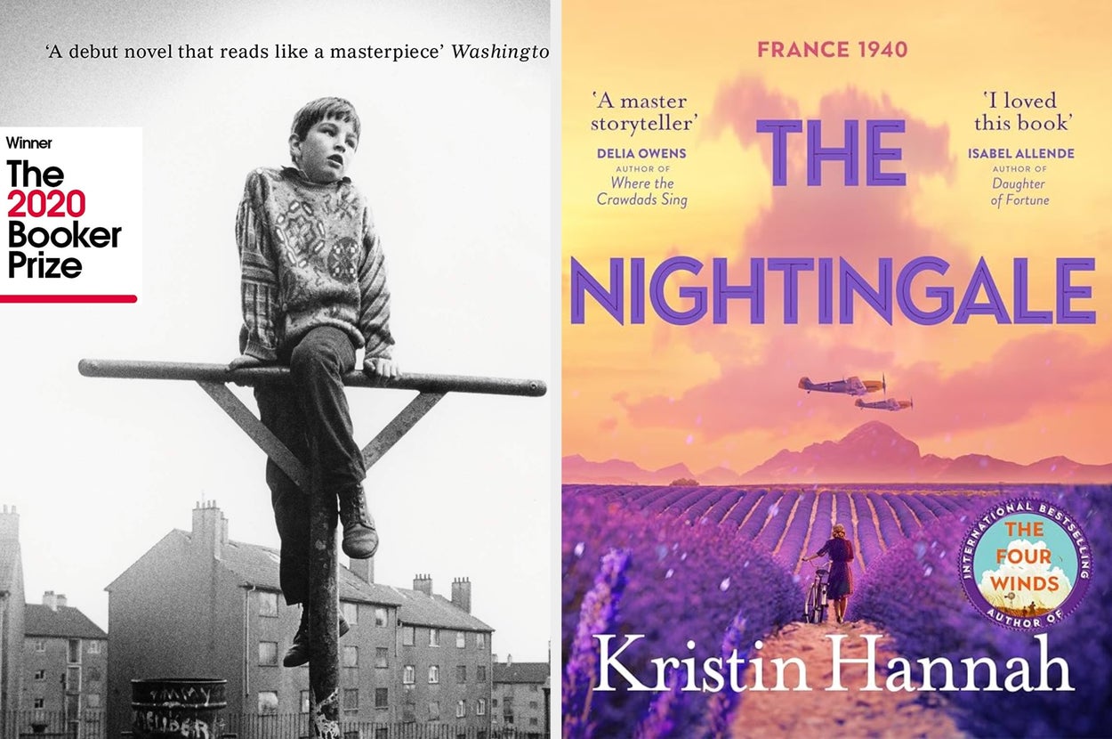 Two book covers: "Shuggie Bain" (left) with a child on a metal bar, and "The Nightingale" (right) with fields and mountains in the background