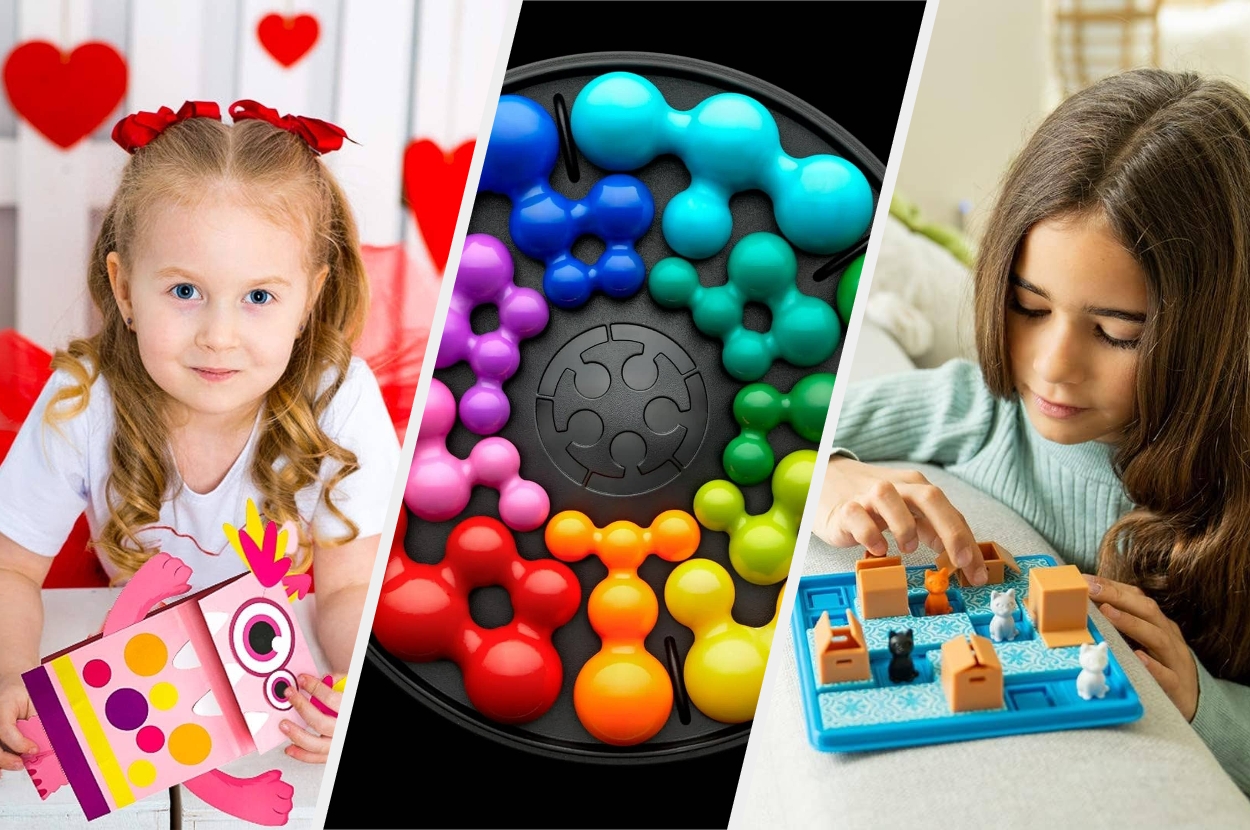 Children playing with educational and tactile toys: a girl with a craft project and another using a logic puzzle game