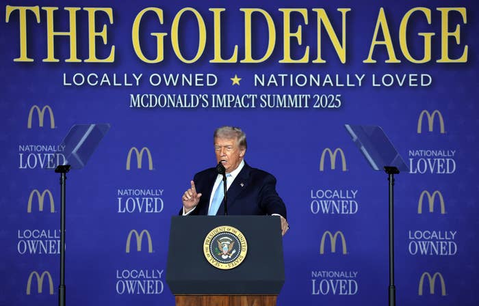A idiosyncratic   astatine  a podium speaks astatine  McDonald&#x27;s Impact Summit 2025, nether  a motion   speechmaking  &quot;The Golden Age: Locally Owned, Nationally Loved.&quot;