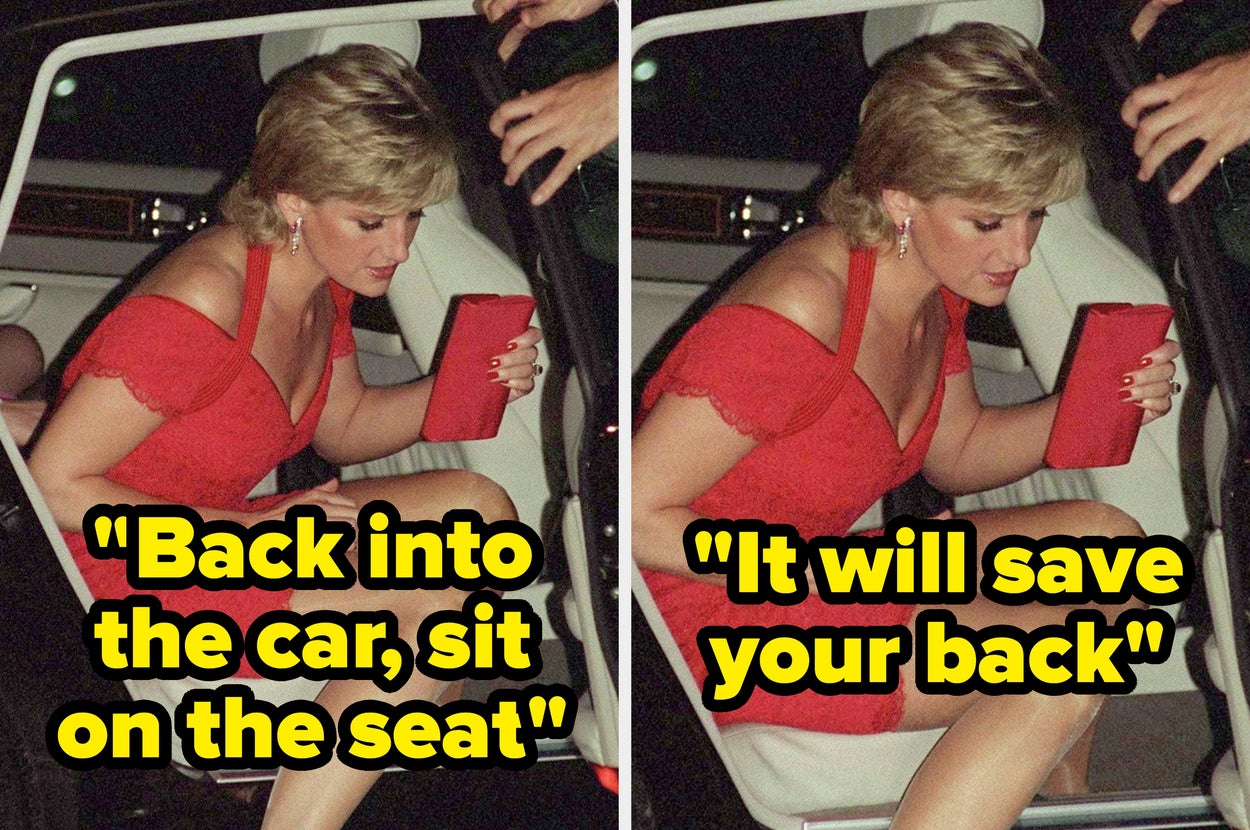 Two images showing a person in a red dress exiting a car. Text: "Back into the car, sit on the seat," "It will save your back."